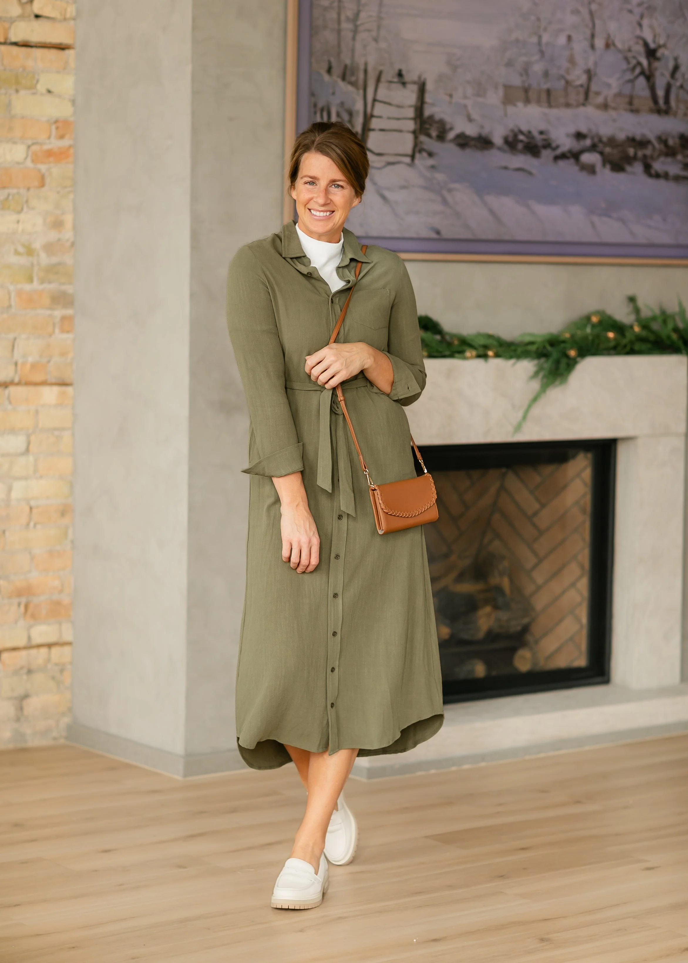 Essential Olive Long Sleeve Linen Shirt Dress - Image 10