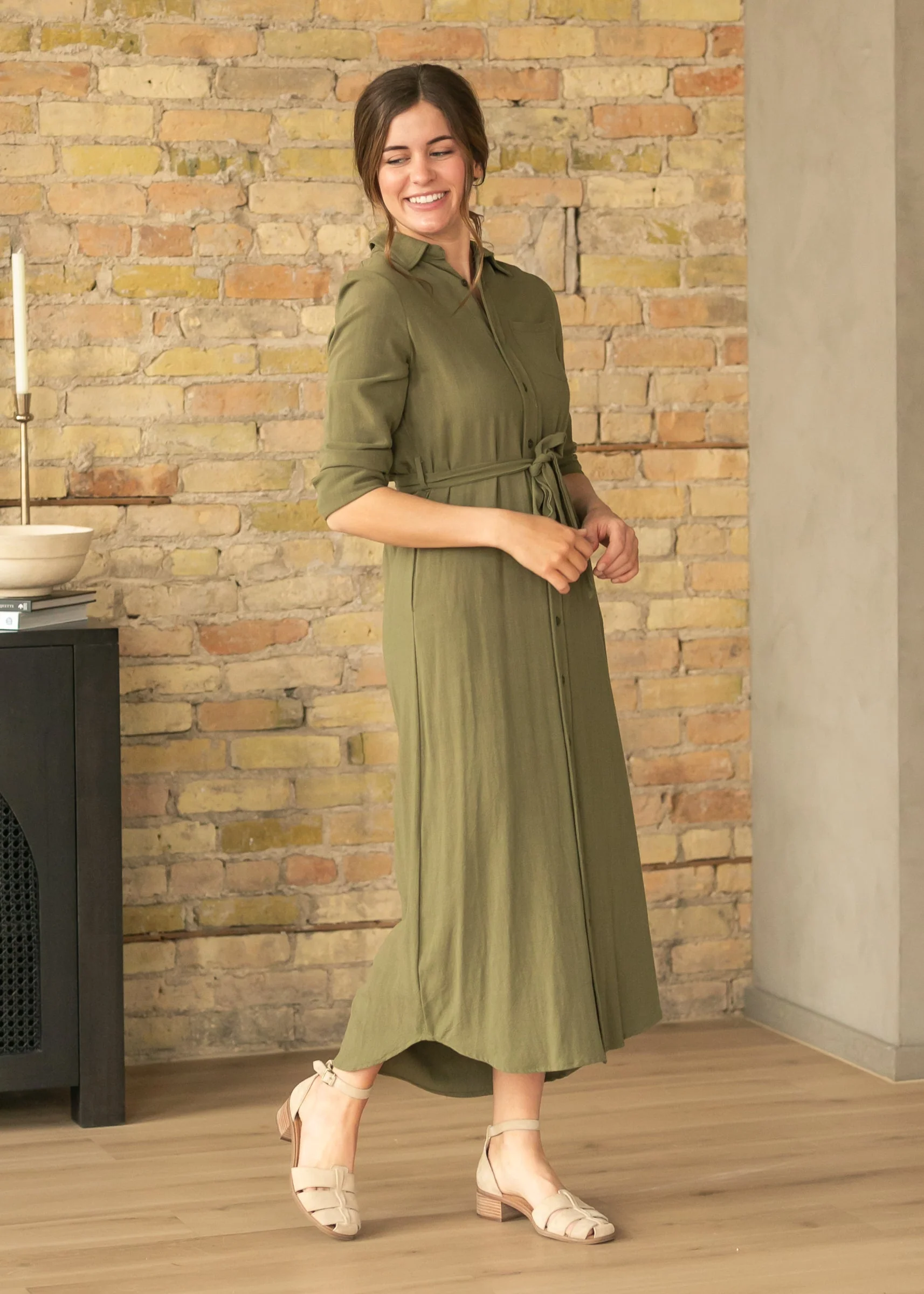 Essential Olive Long Sleeve Linen Shirt Dress - Image 2