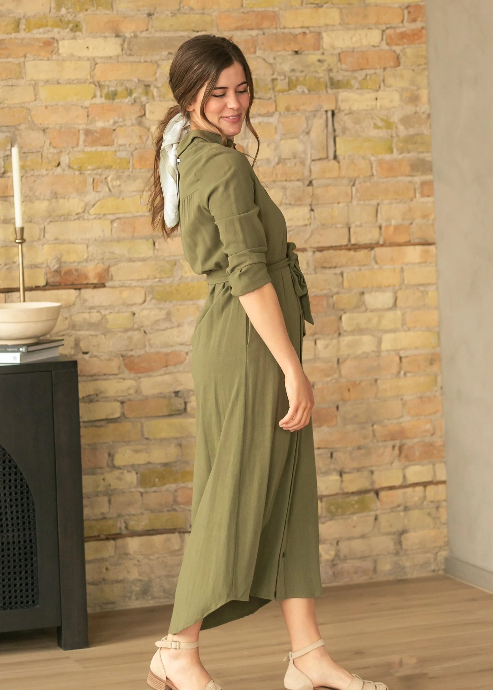 Essential Olive Long Sleeve Linen Shirt Dress - Image 3