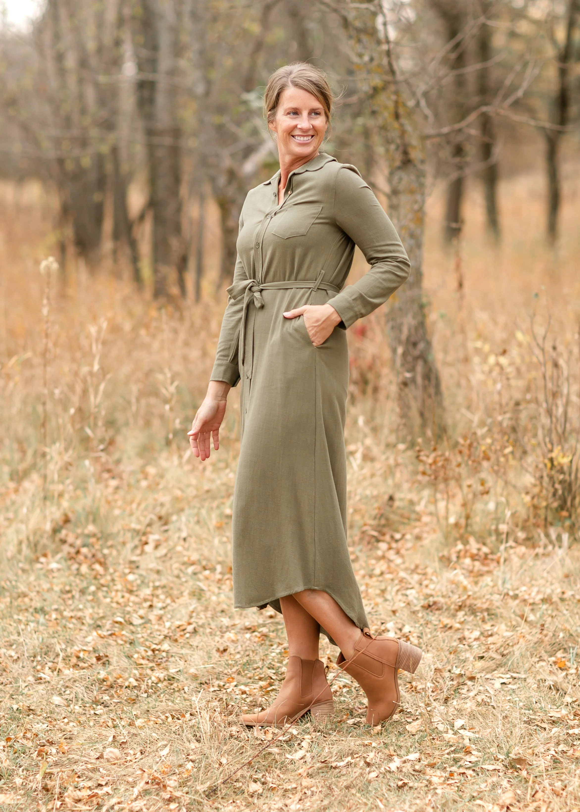 Essential Olive Long Sleeve Linen Shirt Dress - Image 6
