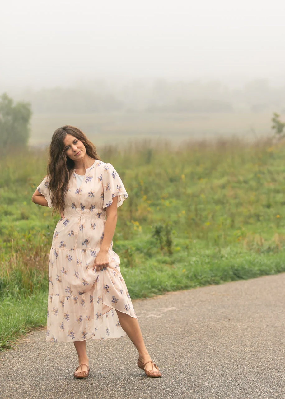 Gina Pink Floral Short Sleeve Tiered Midi Dress - Image 10