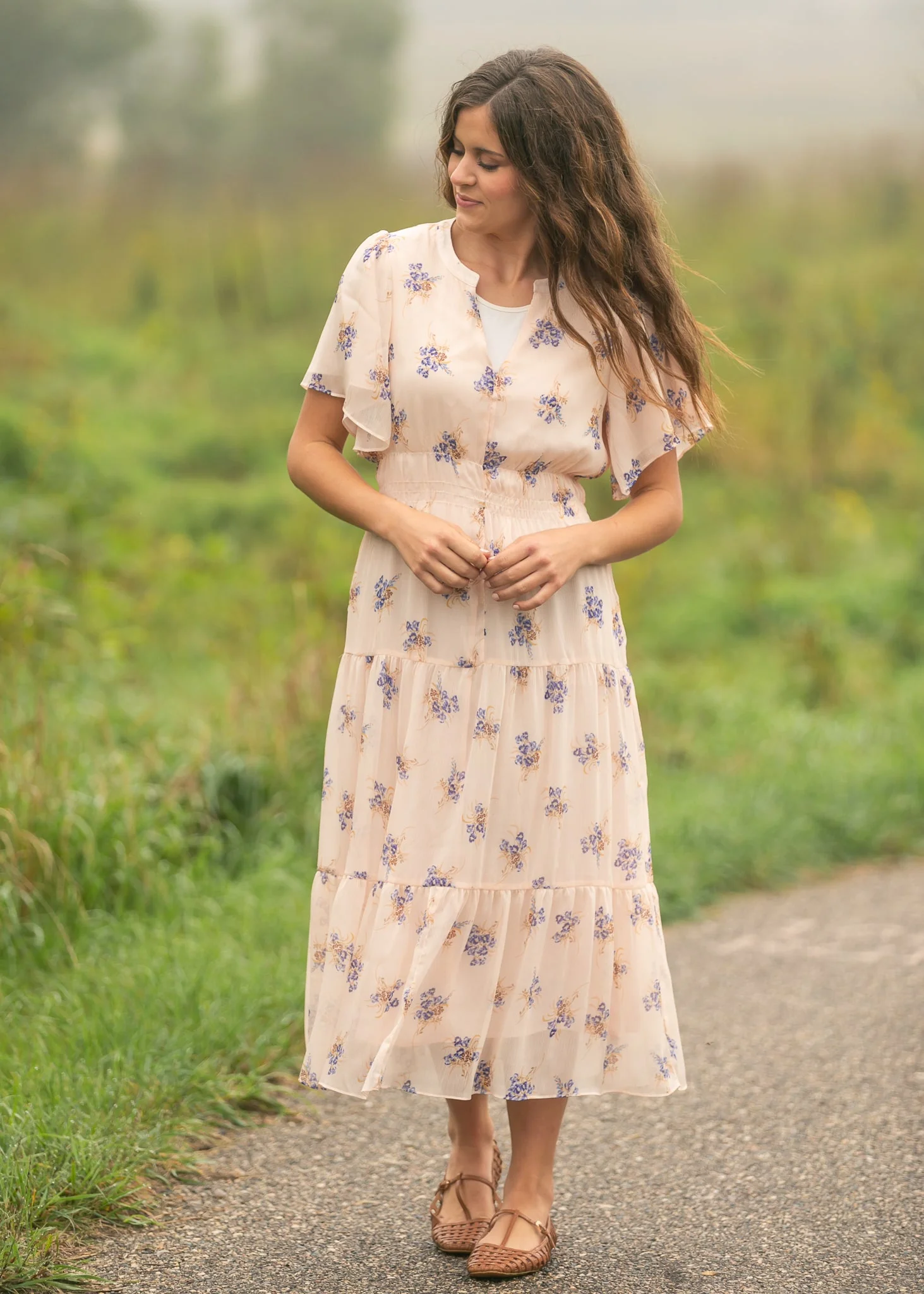 Gina Pink Floral Short Sleeve Tiered Midi Dress - Image 13