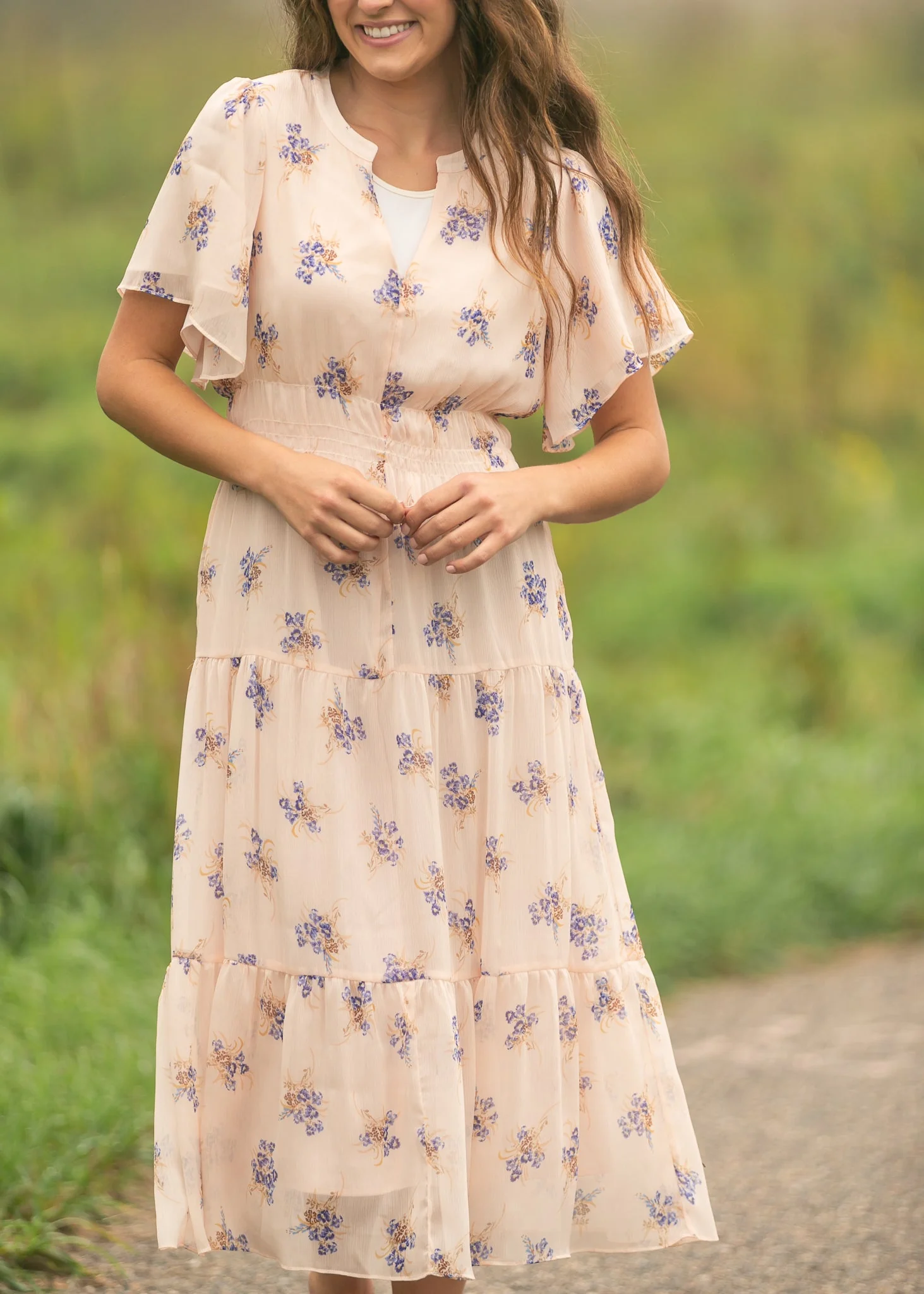 Gina Pink Floral Short Sleeve Tiered Midi Dress - Image 14