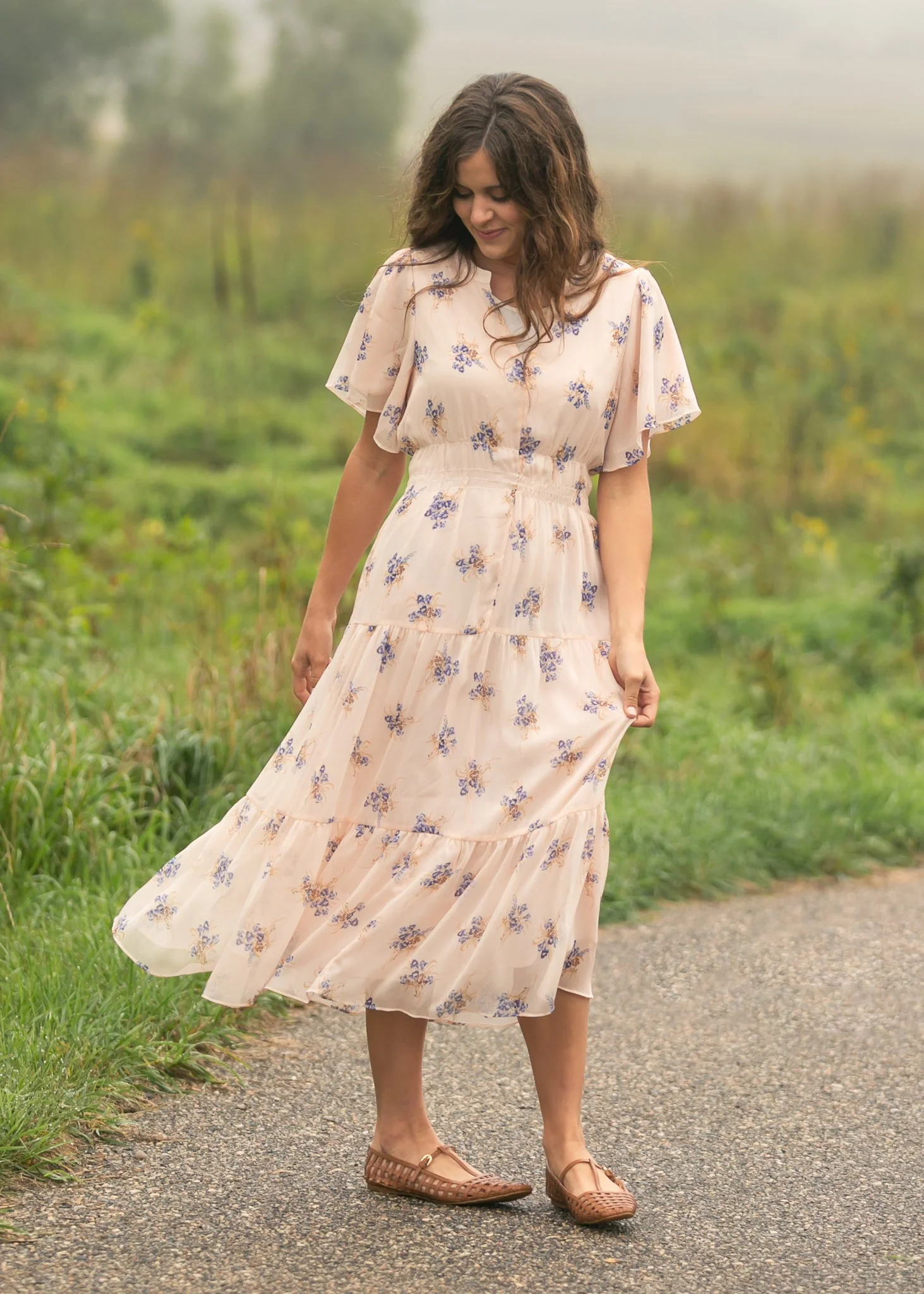 Gina Pink Floral Short Sleeve Tiered Midi Dress - Image 6