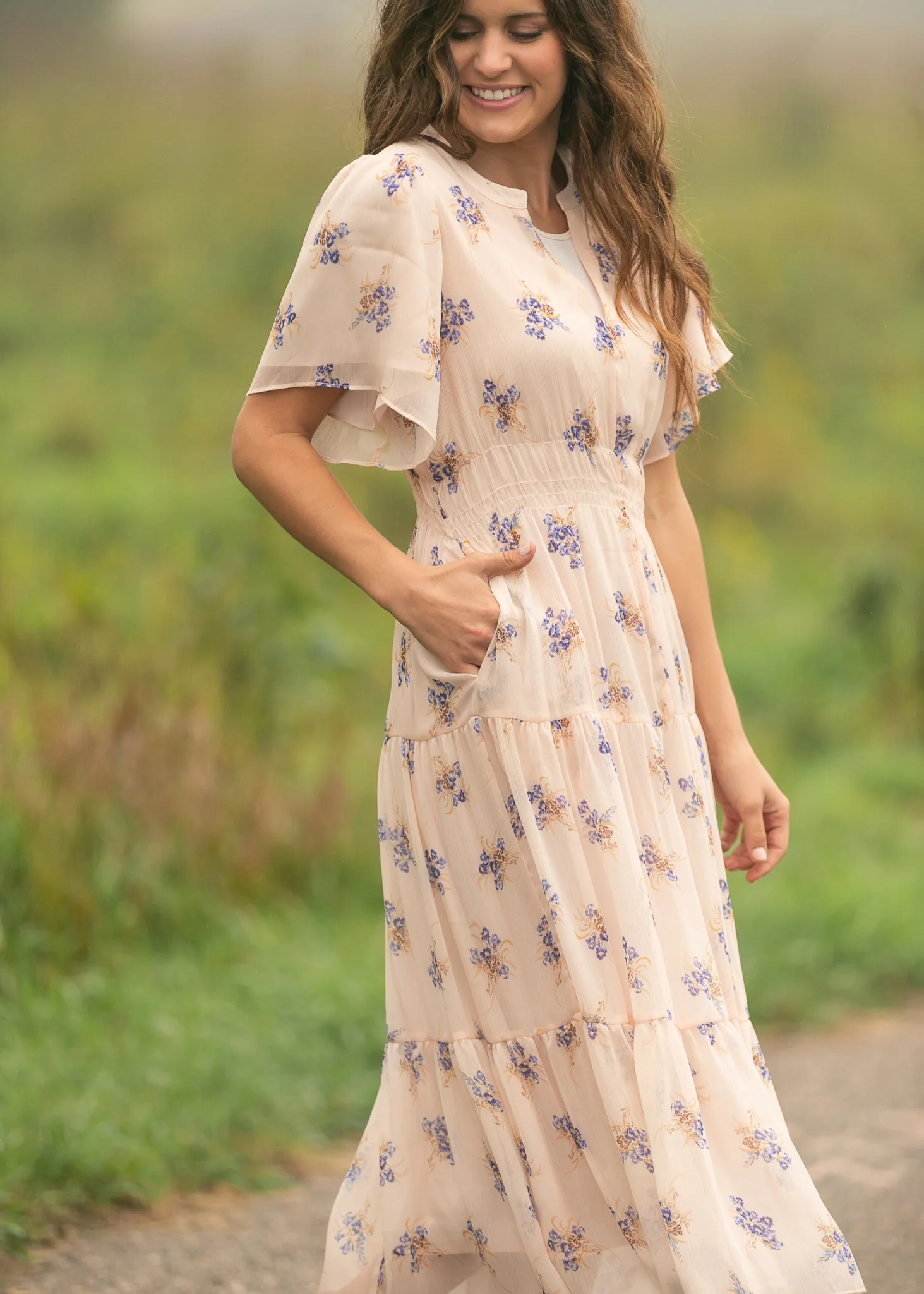 Gina Pink Floral Short Sleeve Tiered Midi Dress - Image 8
