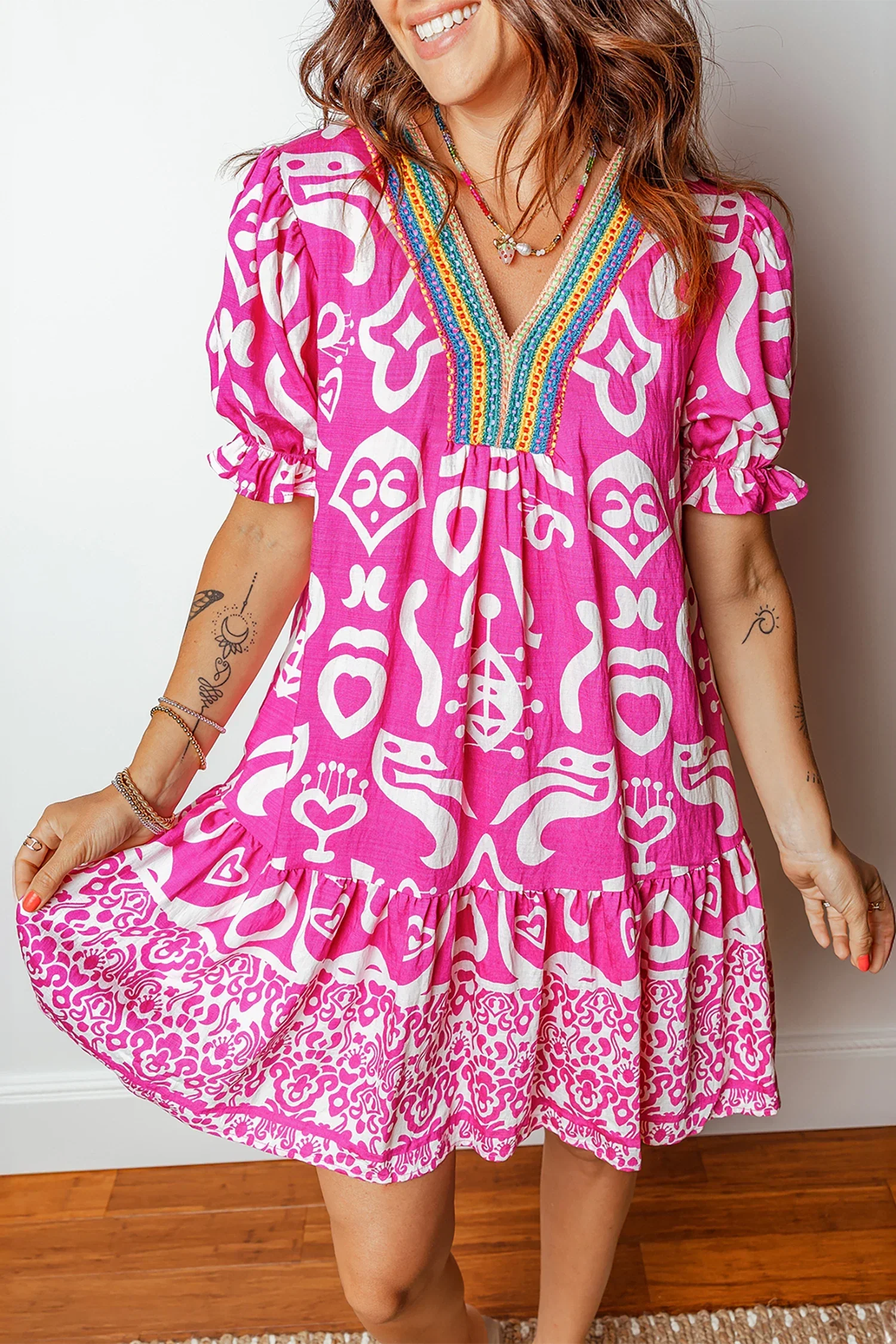 Jellie - Pink Boho Embroidered V-Neck Short Sleeve Flared Mini Dress - Image 3