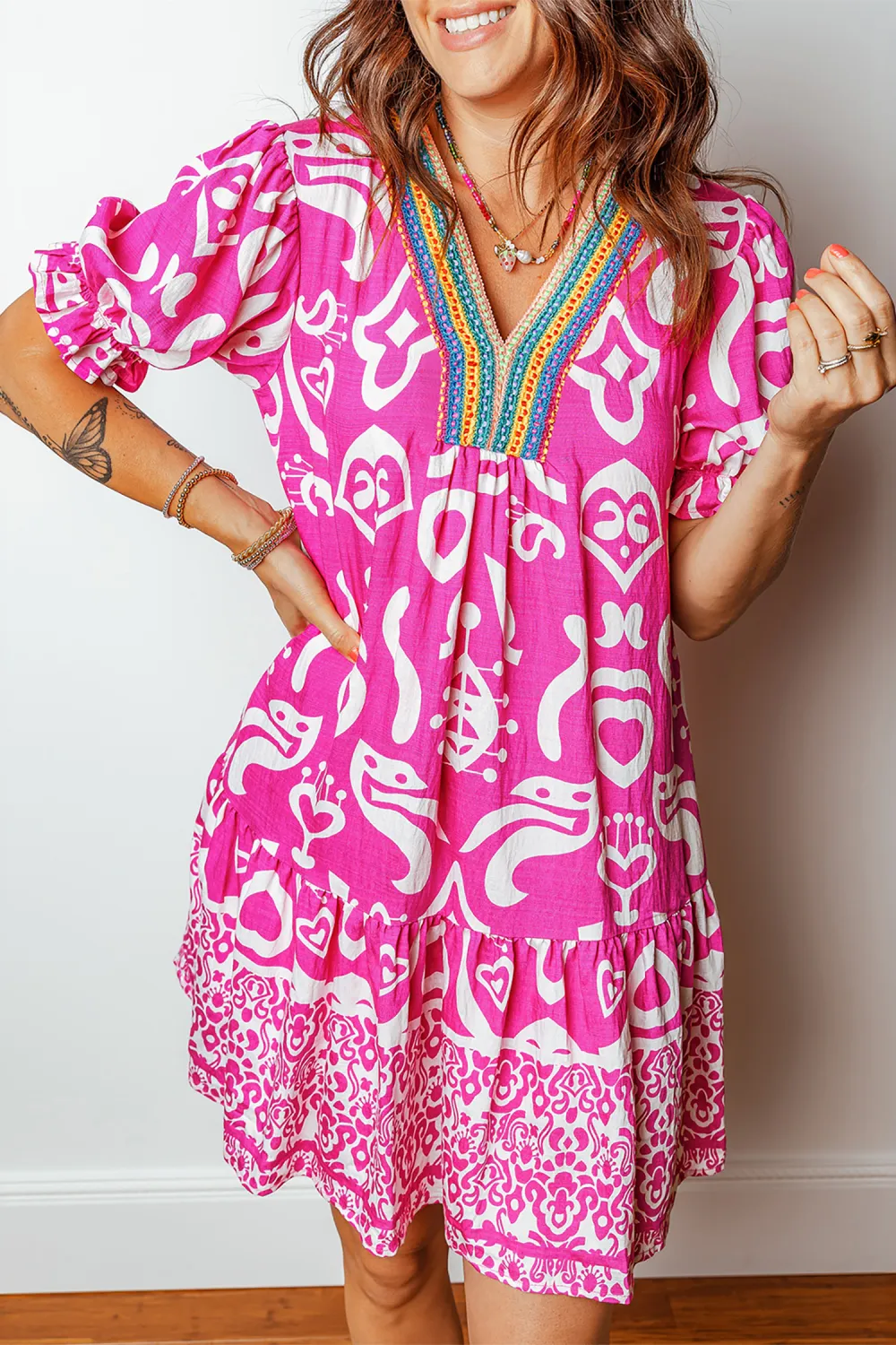 Jellie - Pink Boho Embroidered V-Neck Short Sleeve Flared Mini Dress - Image 4