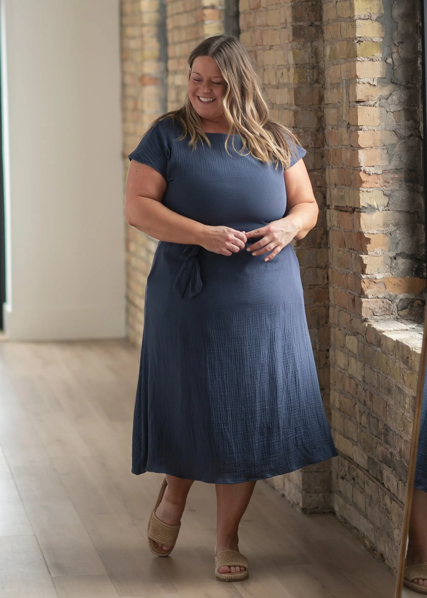 Lily Navy Gauze Belted Midi Dress - Image 2