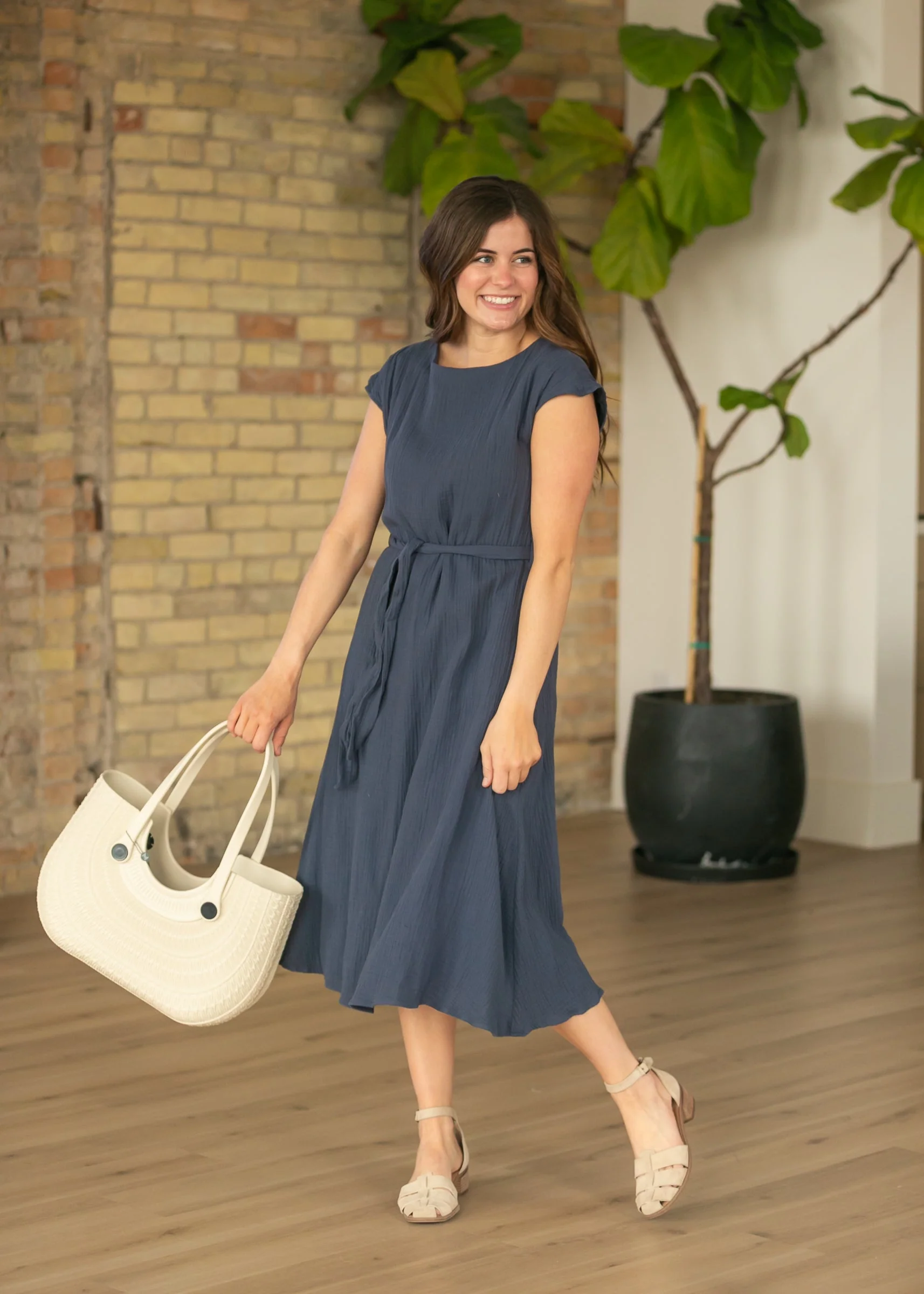 Lily Navy Gauze Belted Midi Dress - Image 3
