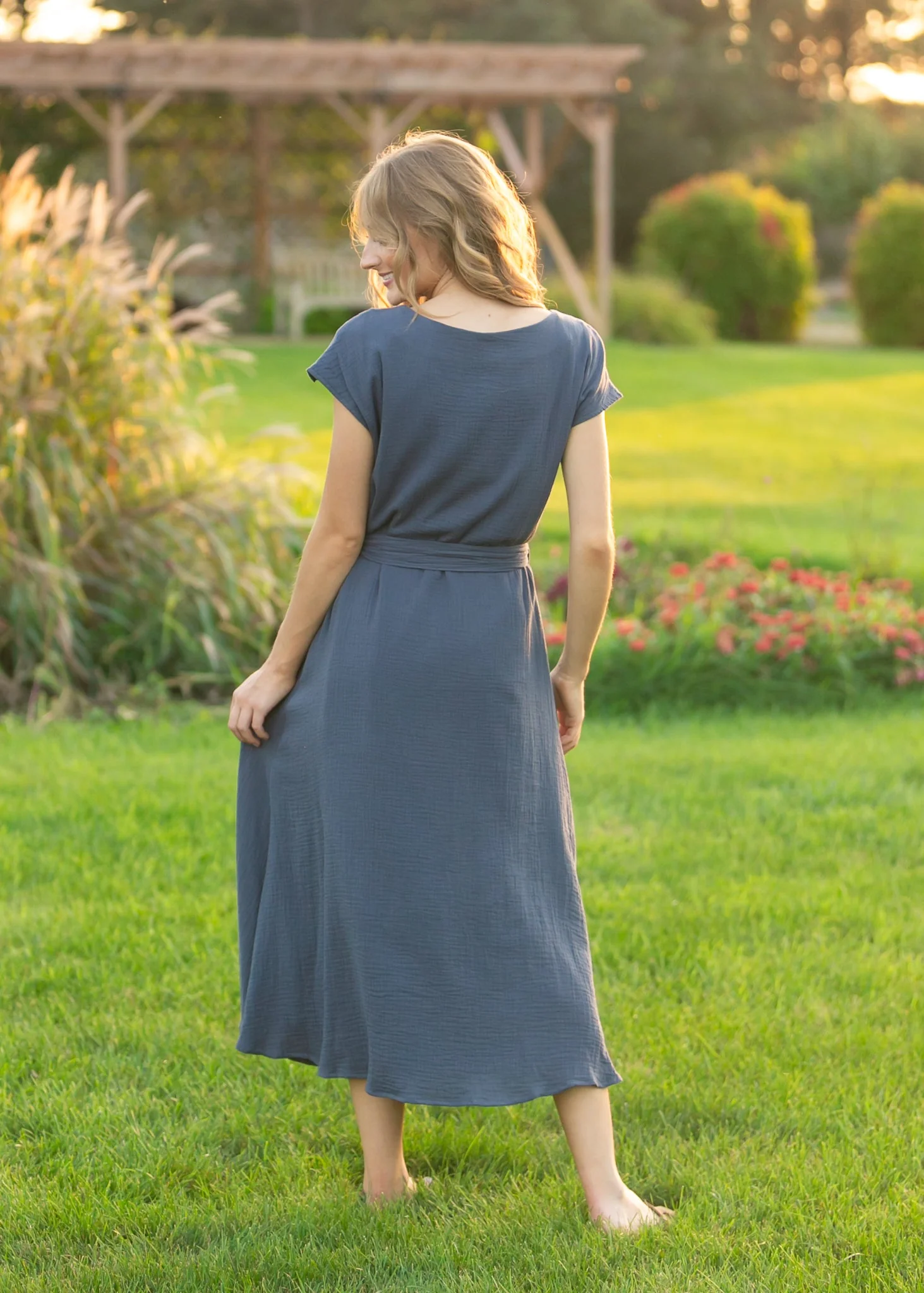 Lily Navy Gauze Belted Midi Dress - Image 4