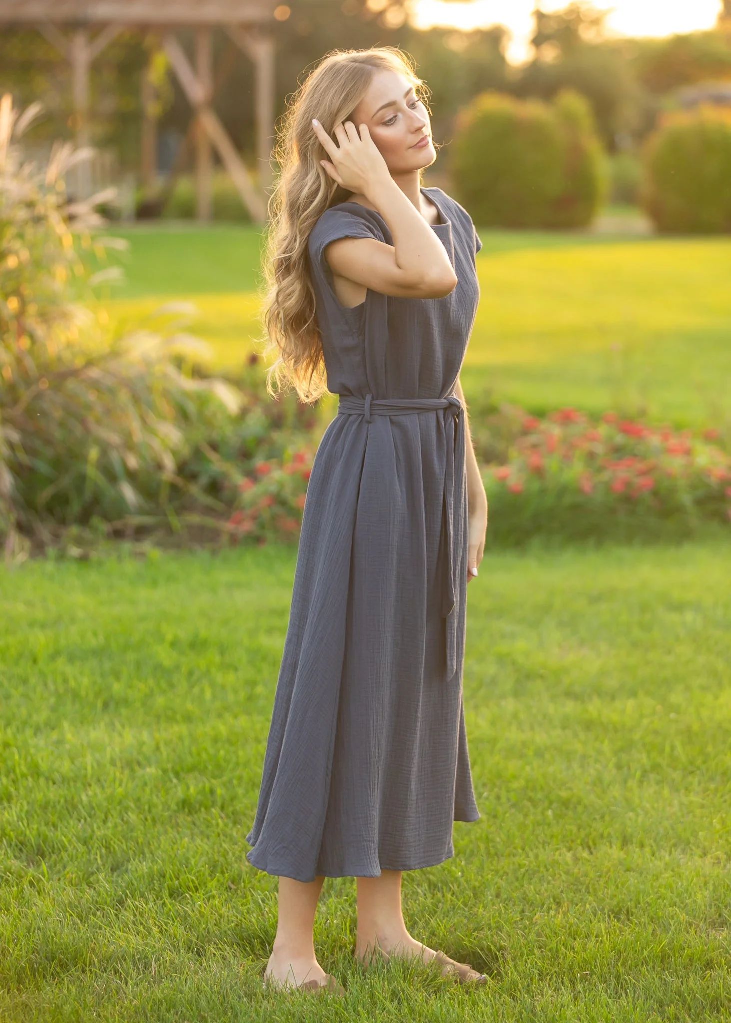 Lily Navy Gauze Belted Midi Dress - Image 8