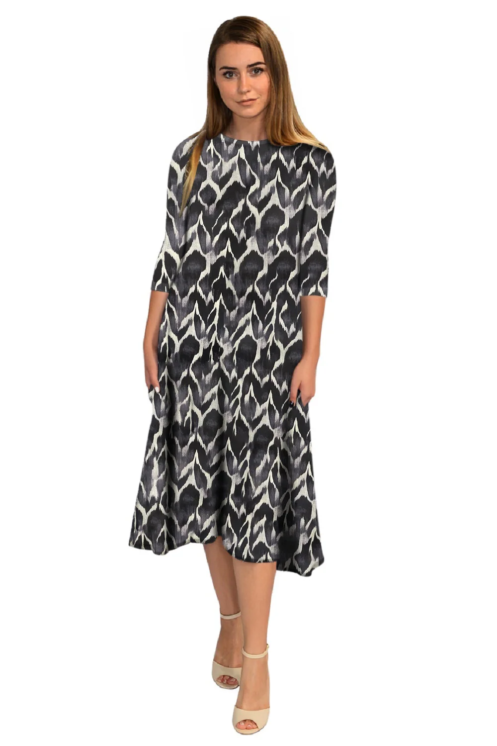 Mid-Calf 3/4 Sleeve Swing Dress with Pockets - Image 10