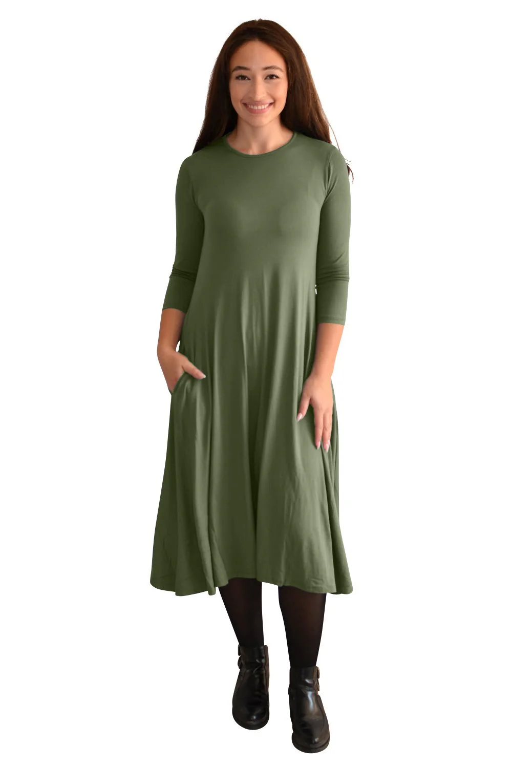 Mid-Calf 3/4 Sleeve Swing Dress with Pockets - Image 13