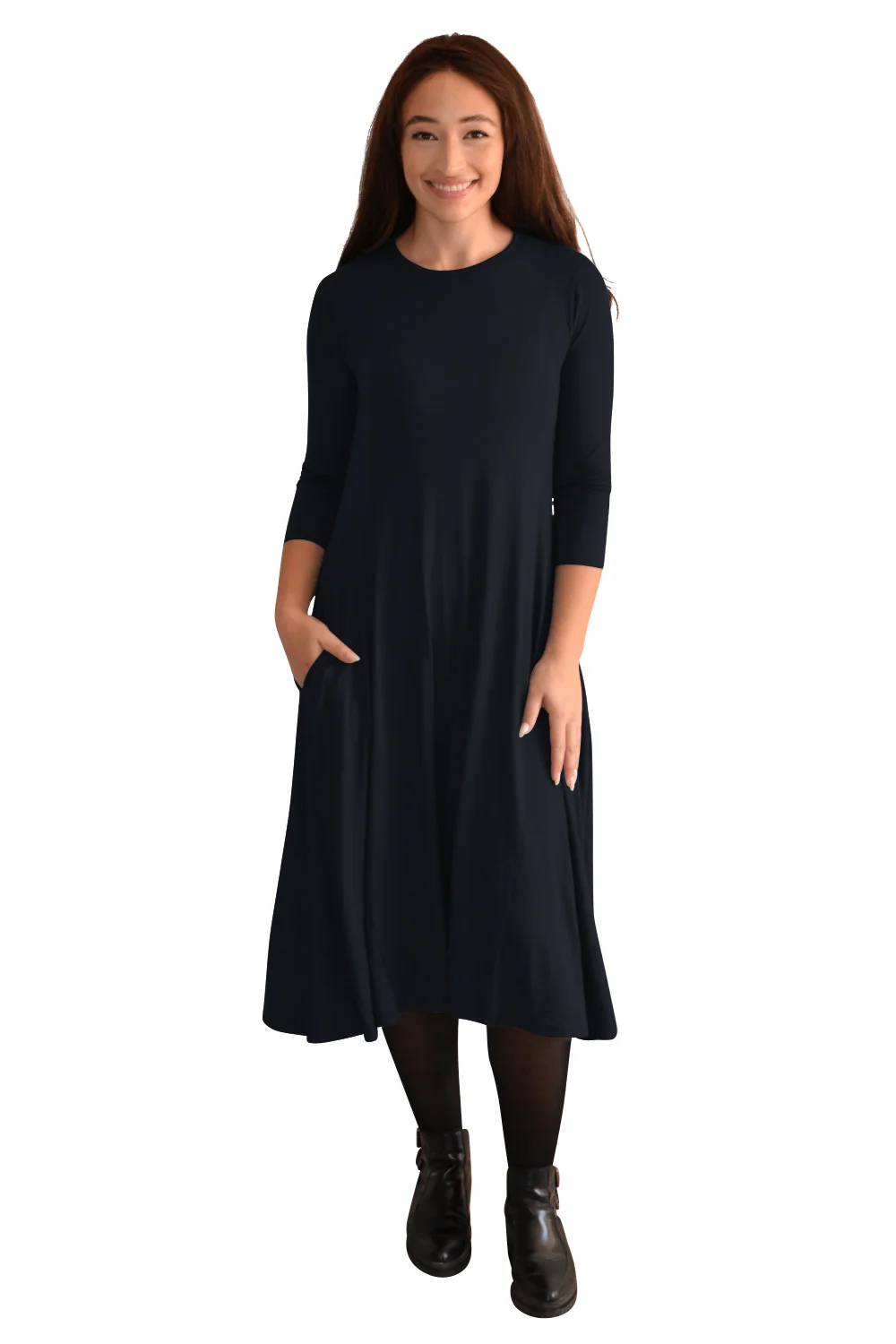 Mid-Calf 3/4 Sleeve Swing Dress with Pockets - Image 2