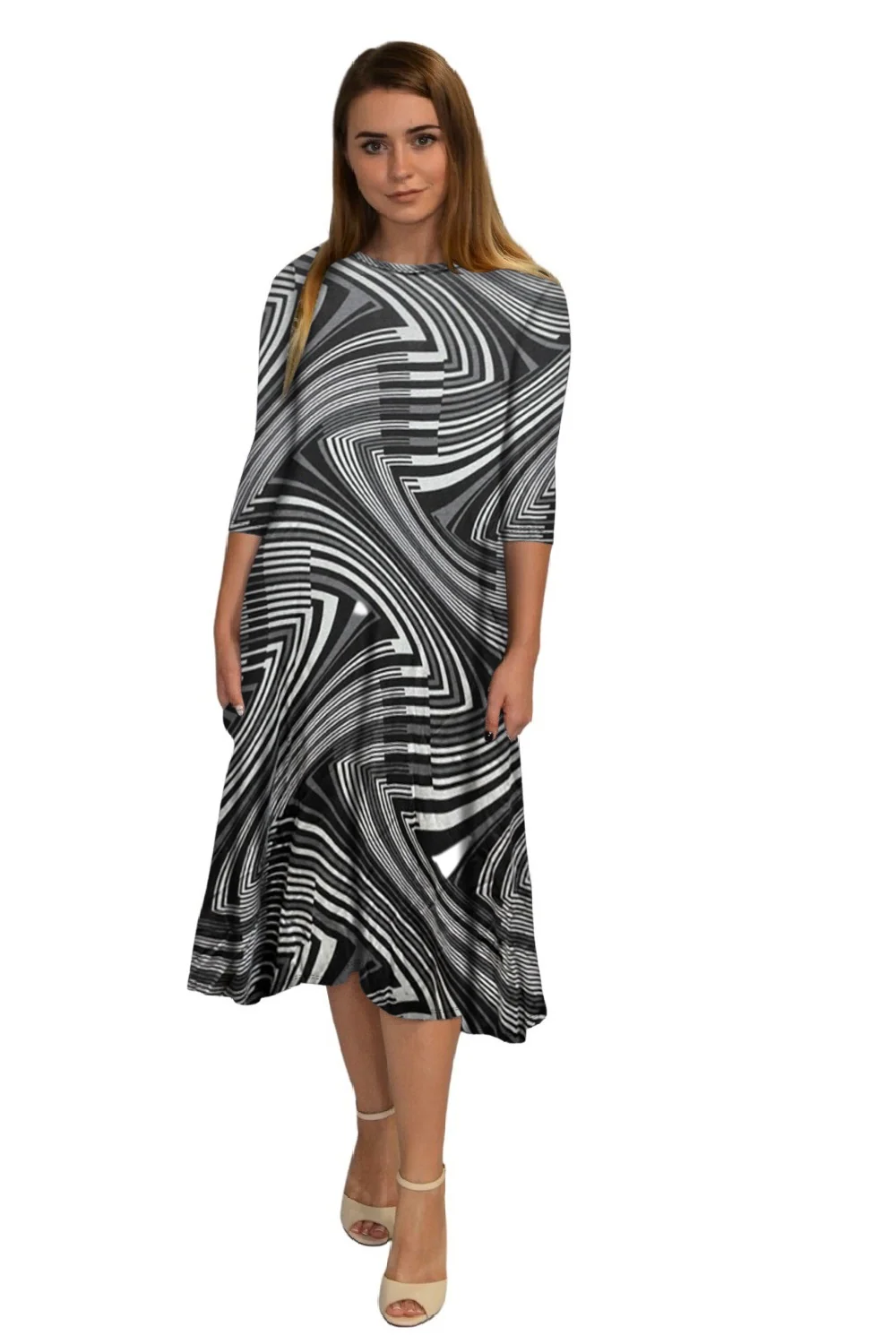 Mid-Calf 3/4 Sleeve Swing Dress with Pockets - Image 21