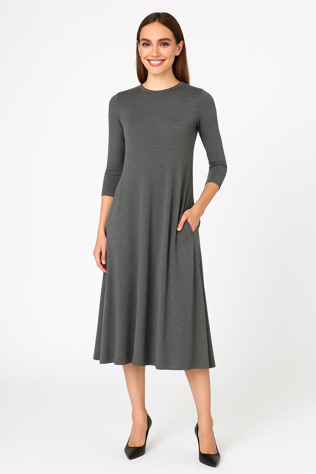 Mid-Calf 3/4 Sleeve Swing Dress with Pockets - Image 28