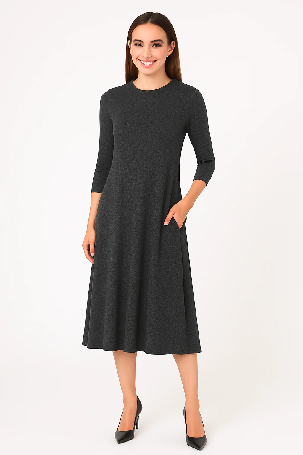 Mid-Calf 3/4 Sleeve Swing Dress with Pockets - Image 29