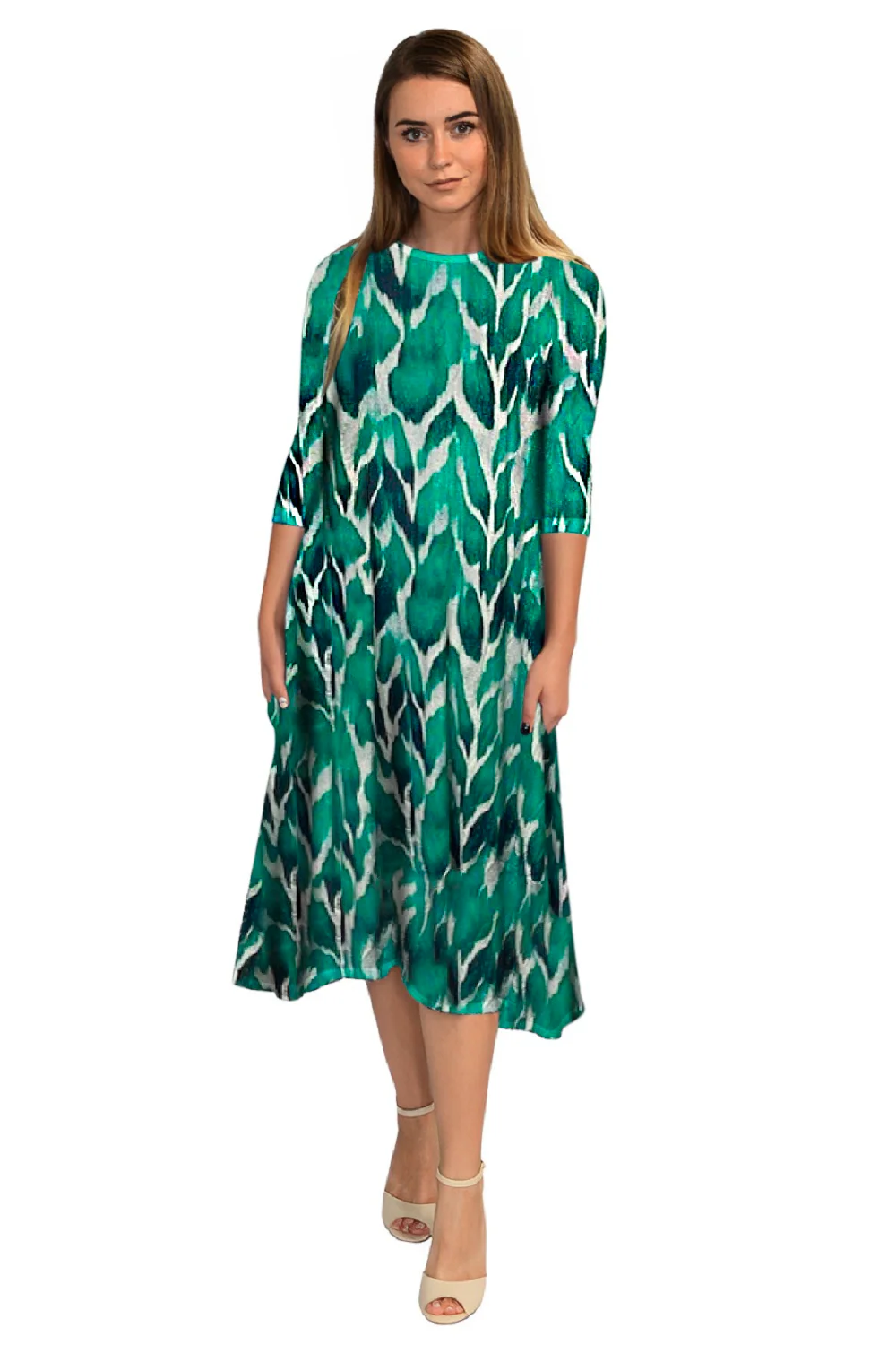 Mid-Calf 3/4 Sleeve Swing Dress with Pockets - Image 3