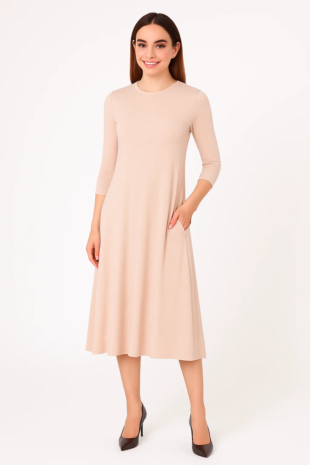 Mid-Calf 3/4 Sleeve Swing Dress with Pockets - Image 30