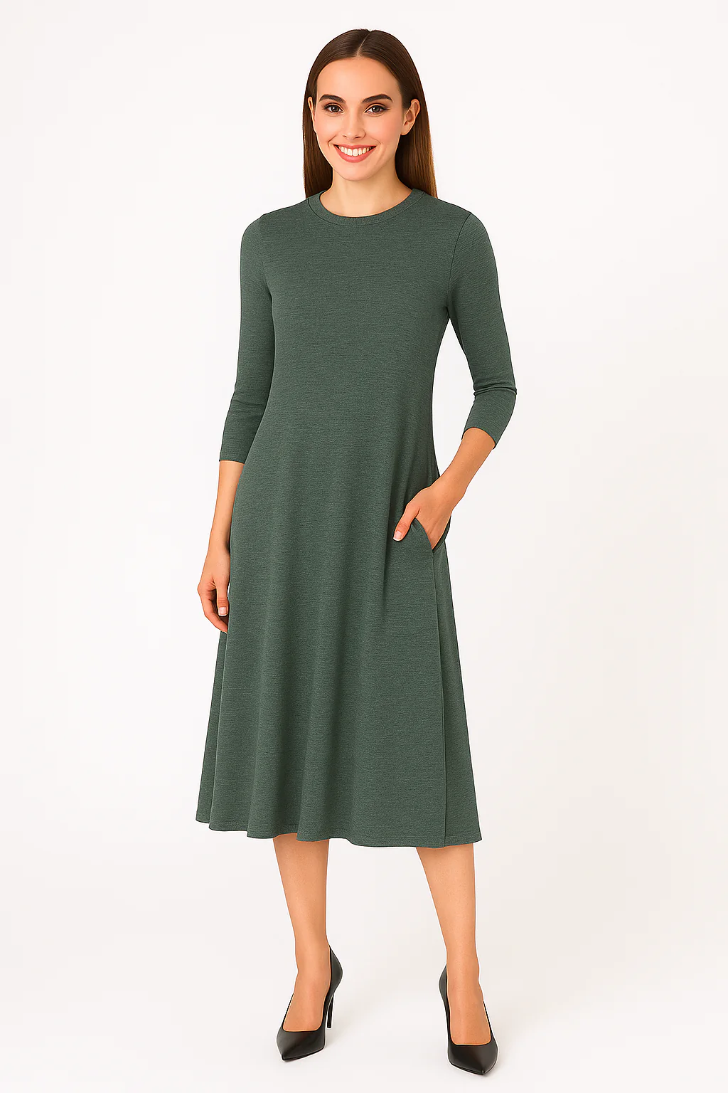 Mid-Calf 3/4 Sleeve Swing Dress with Pockets - Image 31