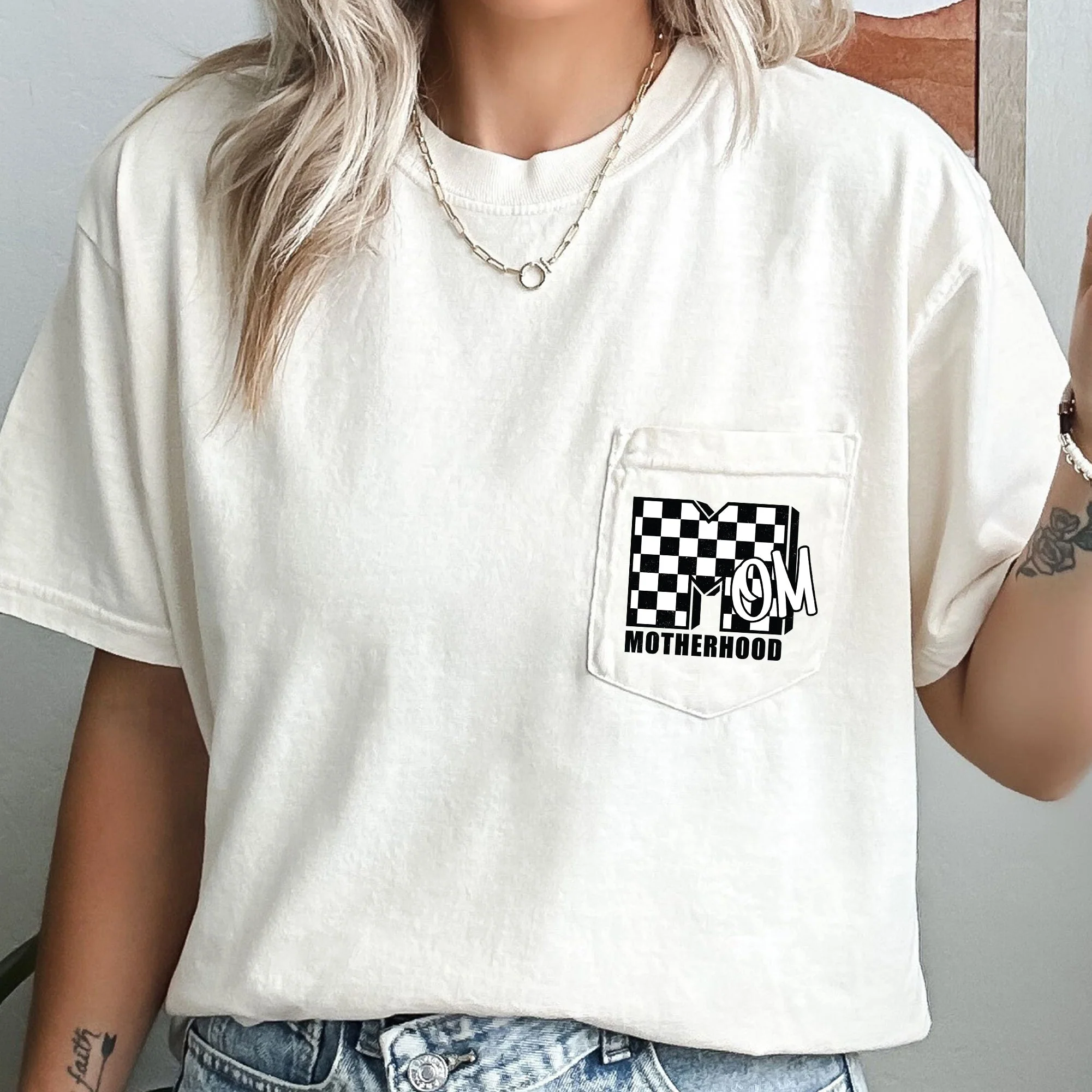 Mom, Motherhood, Retro, Checkered, Pocket Tee Comfort Colors T-Shirt - Image 3