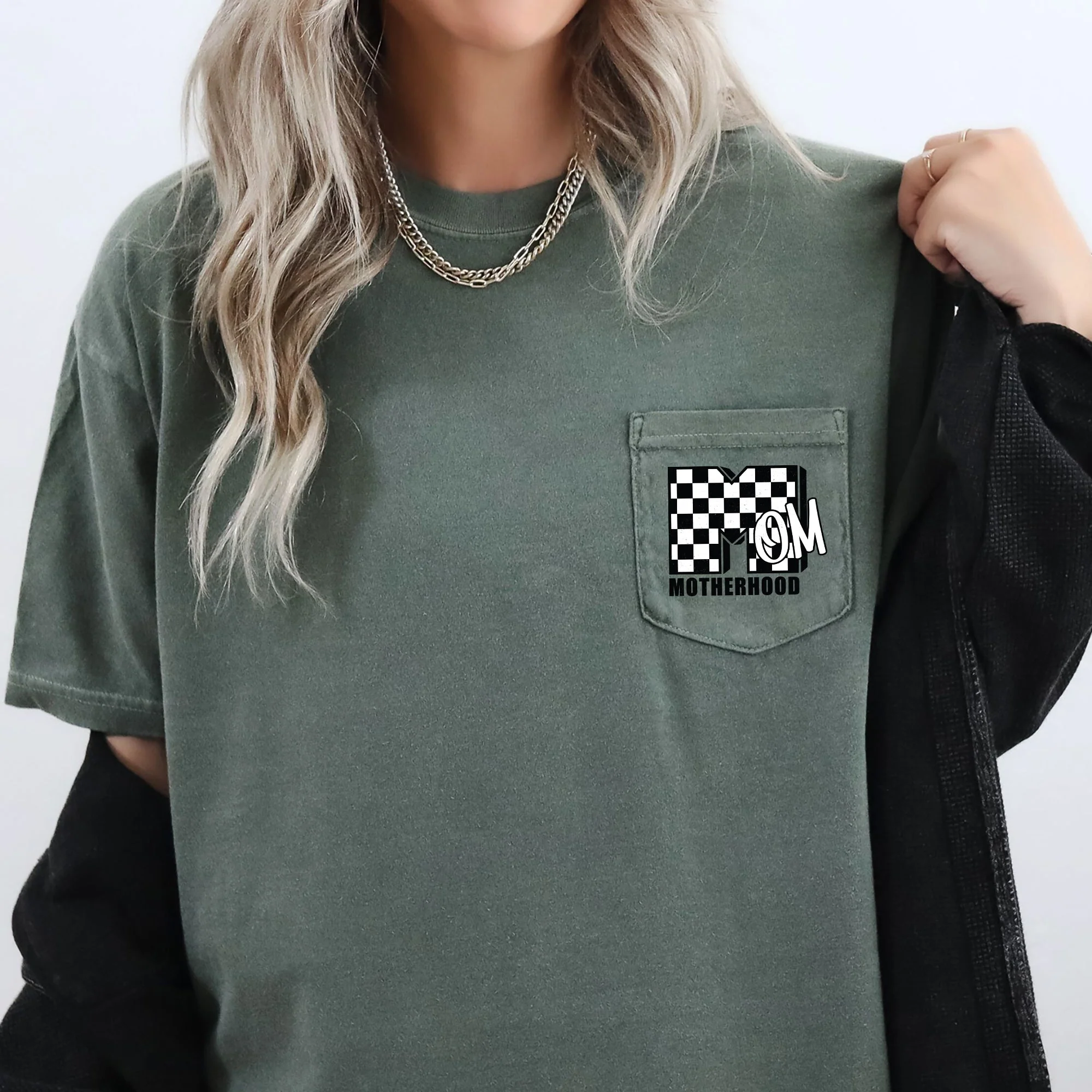 Mom, Motherhood, Retro, Checkered, Pocket Tee Comfort Colors T-Shirt - Image 4