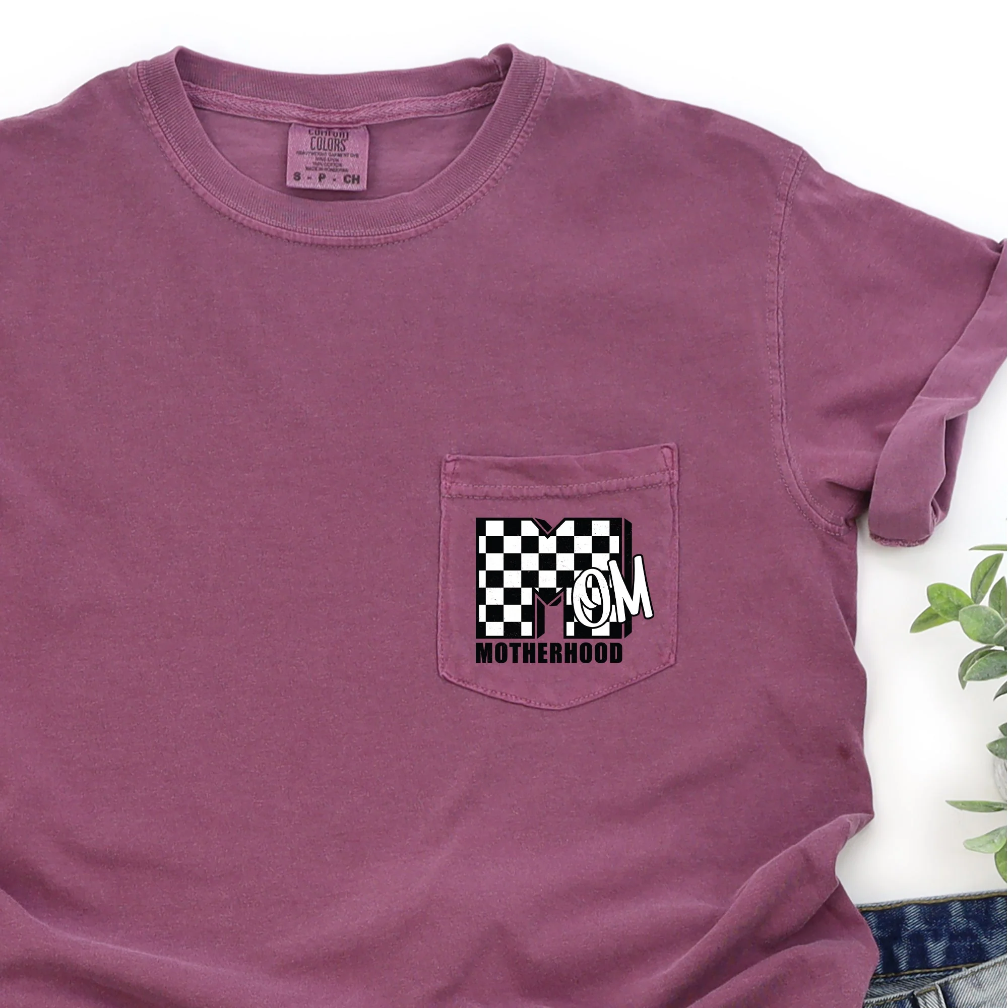 Mom, Motherhood, Retro, Checkered, Pocket Tee Comfort Colors T-Shirt - Image 5