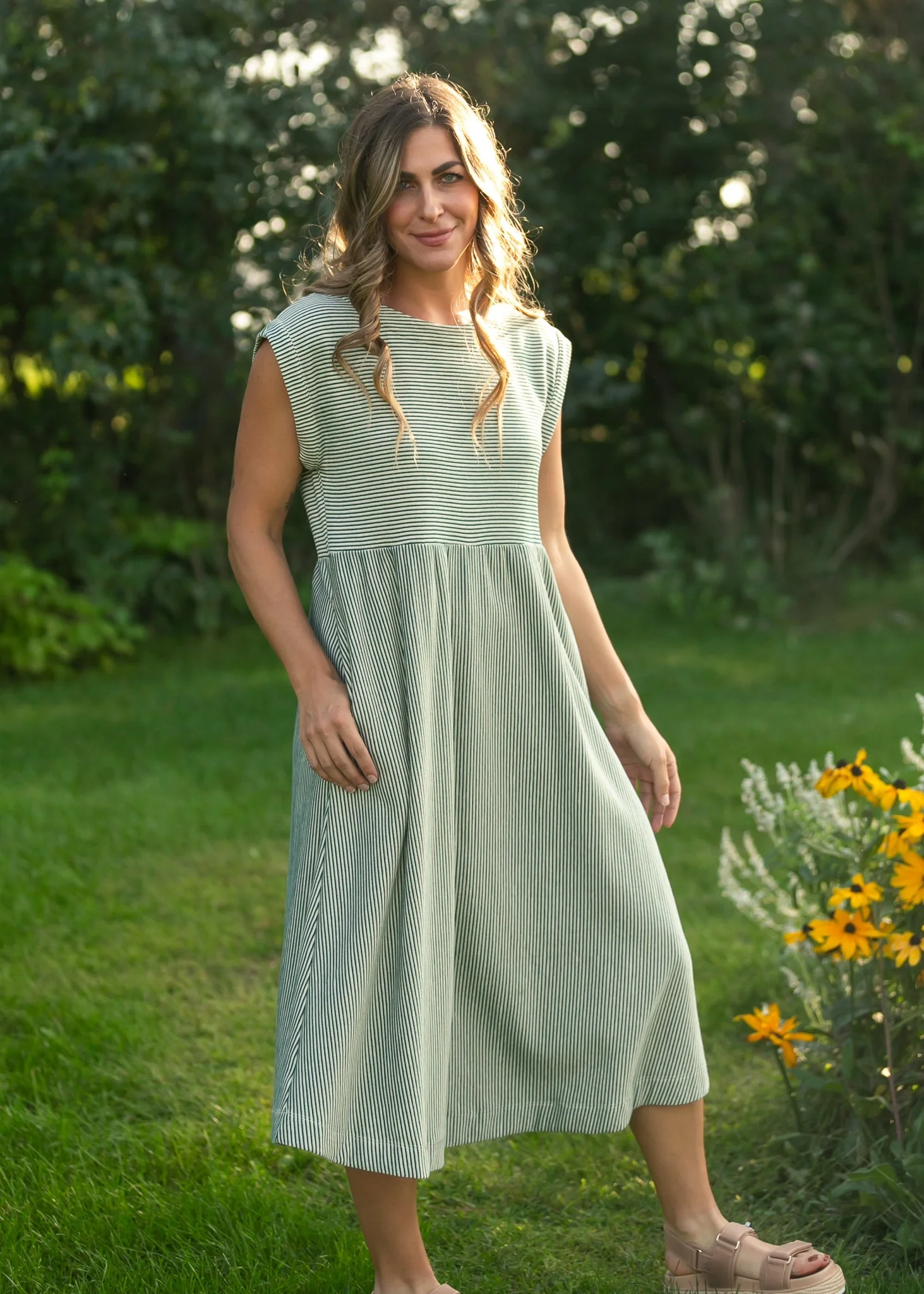 Olivia Green A-line Striped  Midi Dress - Image 3