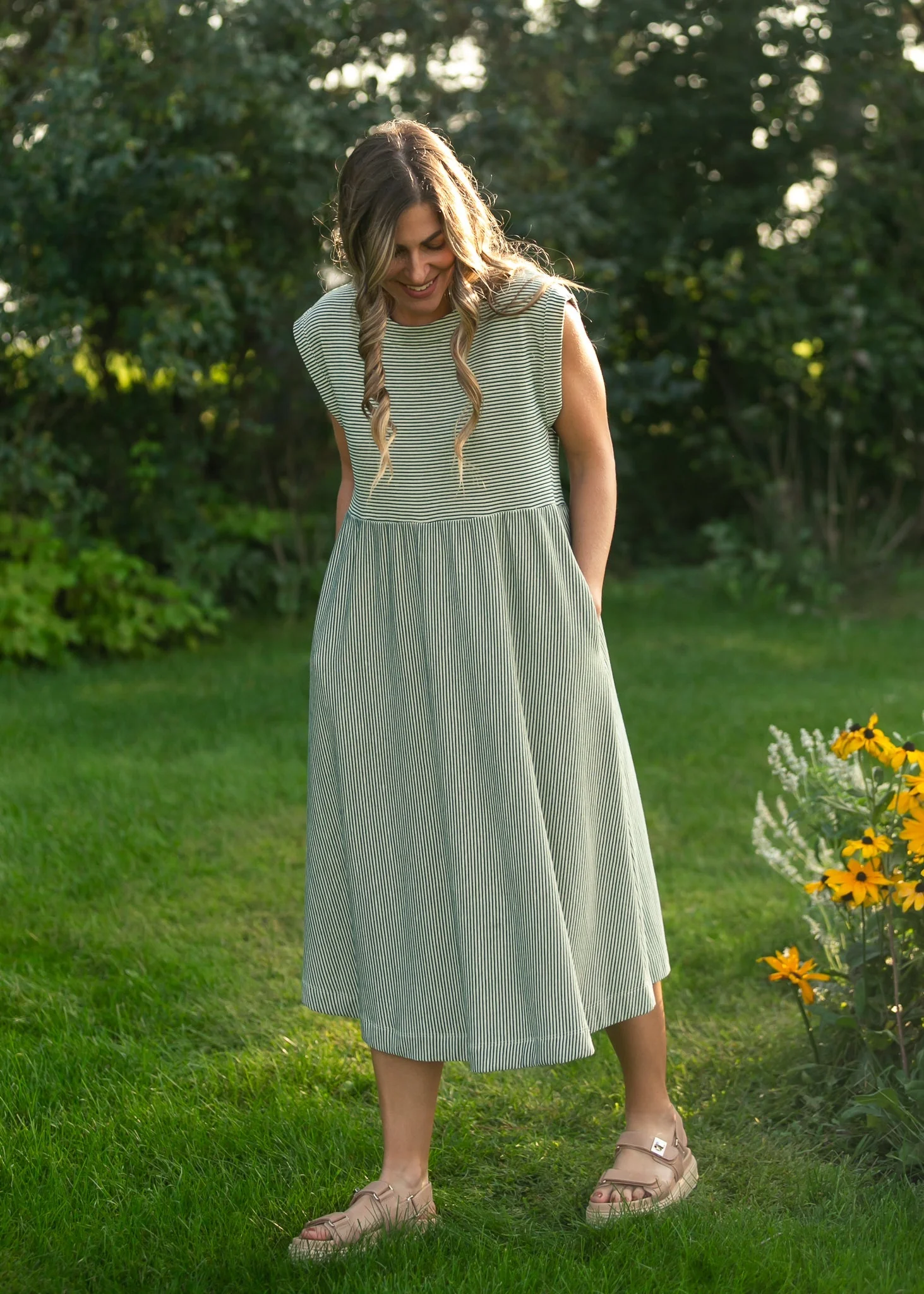 Olivia Green A-line Striped  Midi Dress - Image 4