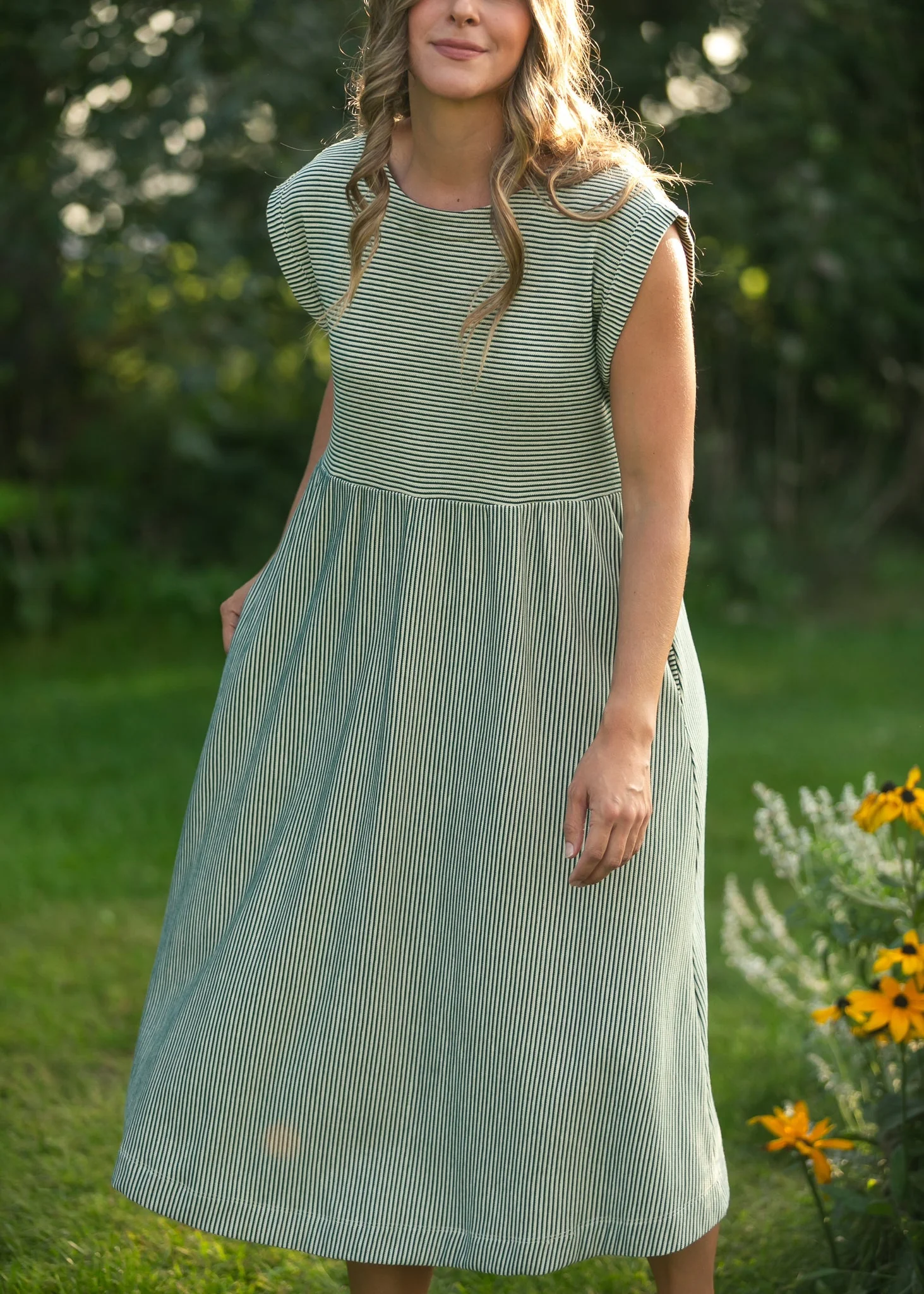 Olivia Green A-line Striped  Midi Dress - Image 5