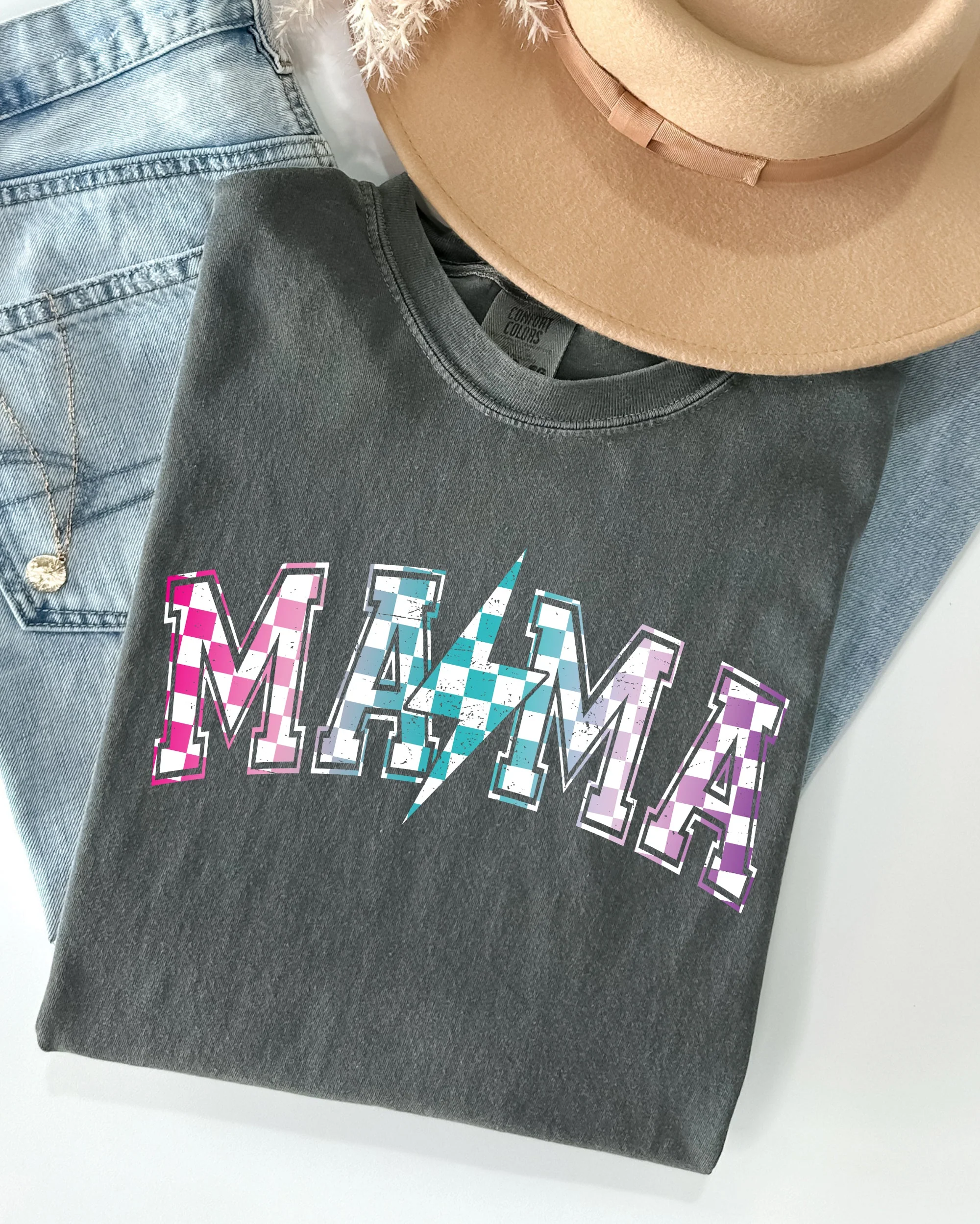Retro Mama, Checkered, Lightening Bolt, Colorful, Mother, Mom Shirt Comfort Colors T-Shirt - Image 2