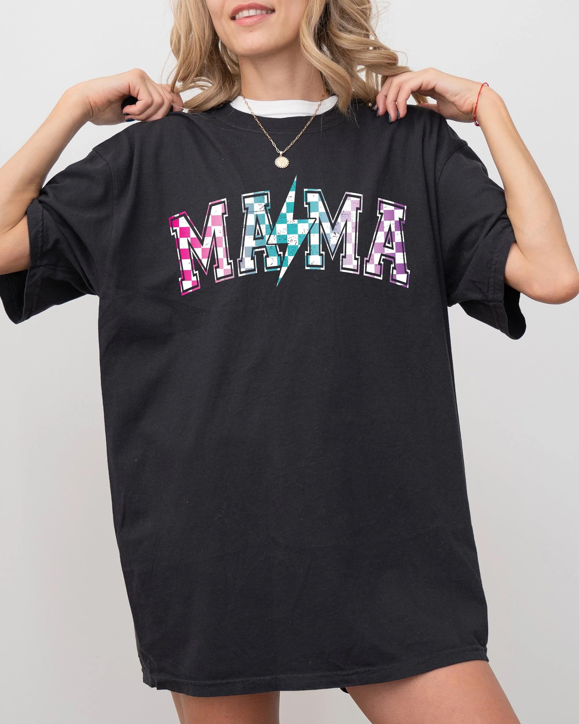 Retro Mama, Checkered, Lightening Bolt, Colorful, Mother, Mom Shirt Comfort Colors T-Shirt - Image 3