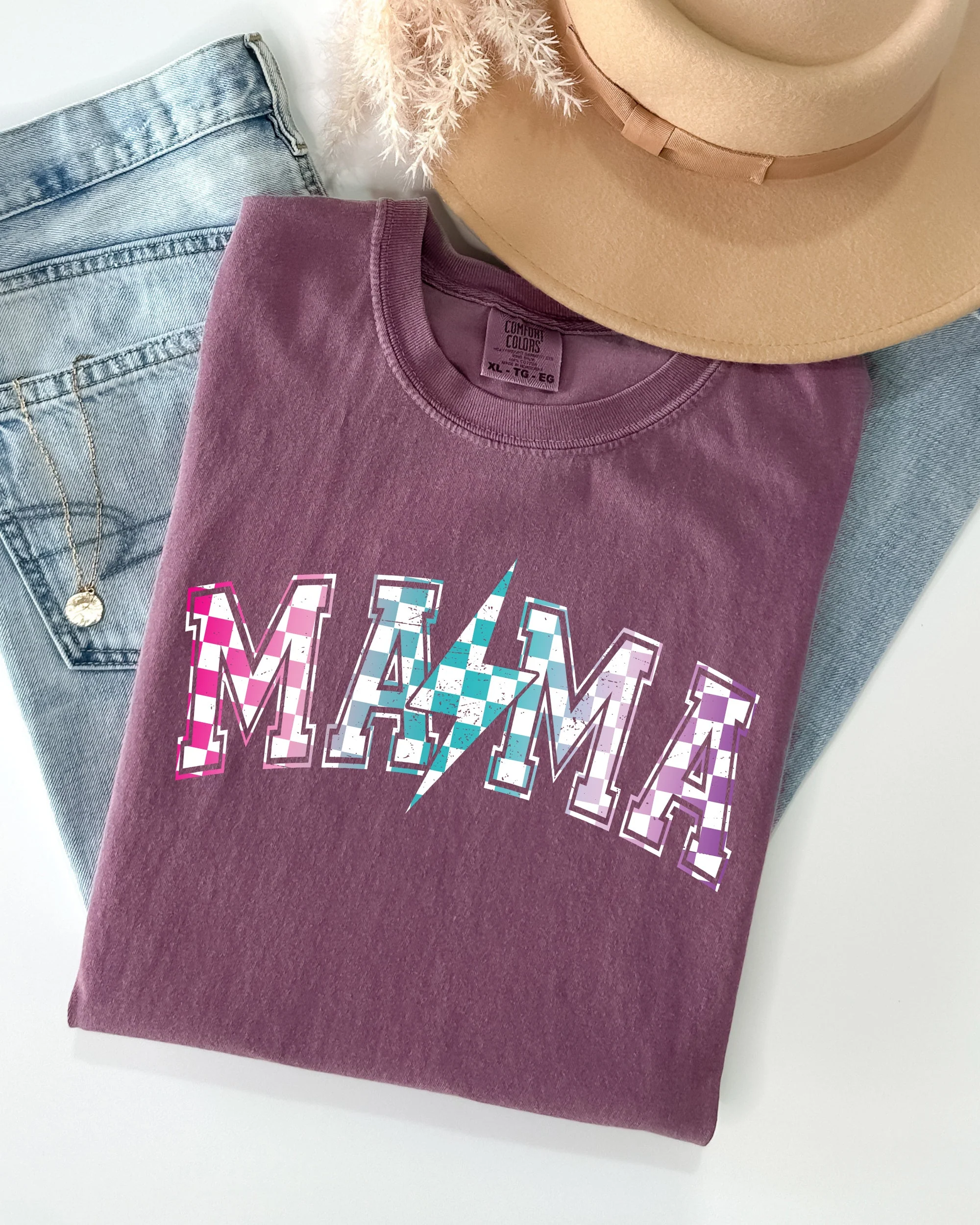 Retro Mama, Checkered, Lightening Bolt, Colorful, Mother, Mom Shirt Comfort Colors T-Shirt - Image 4