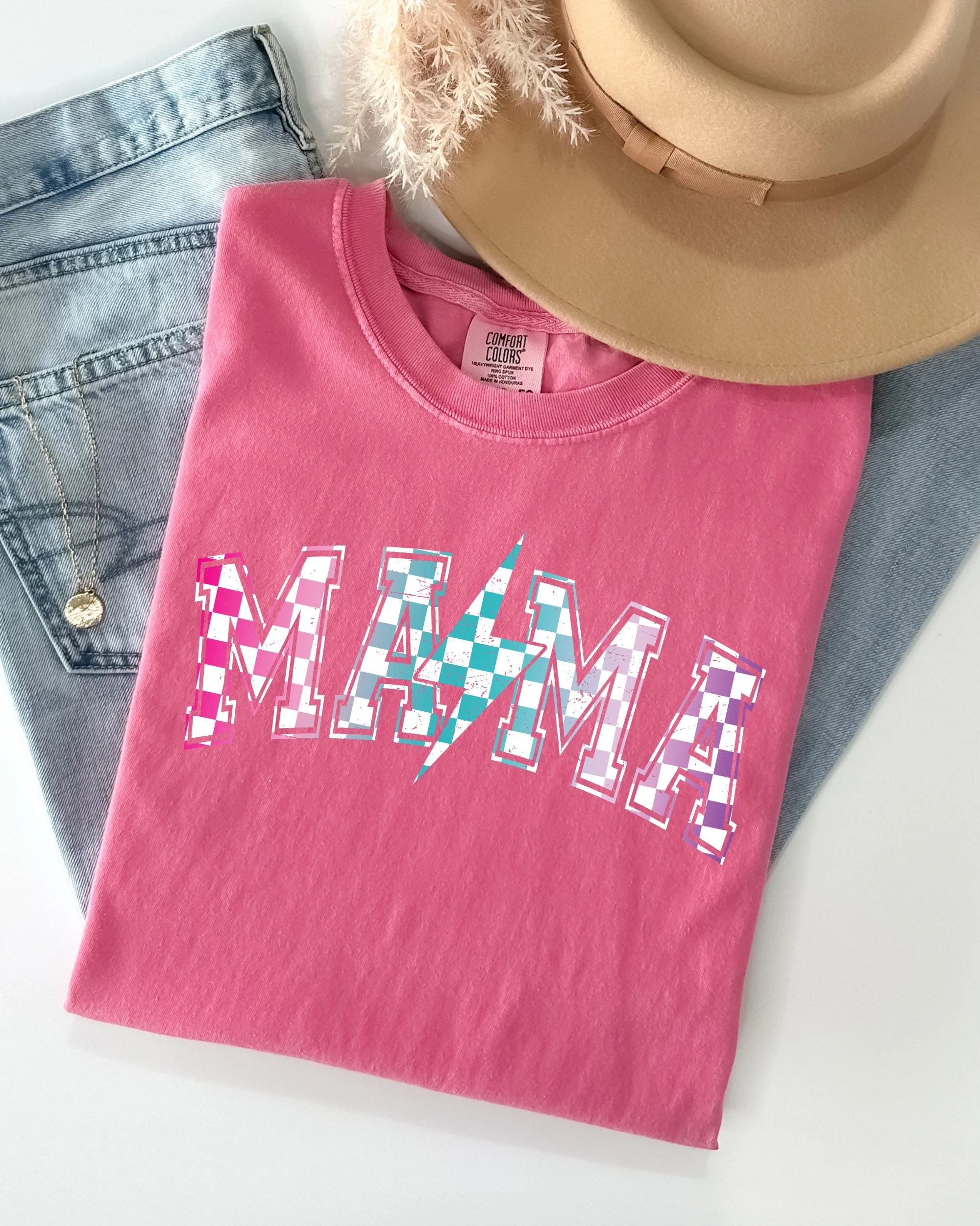 Retro Mama, Checkered, Lightening Bolt, Colorful, Mother, Mom Shirt Comfort Colors T-Shirt - Image 5
