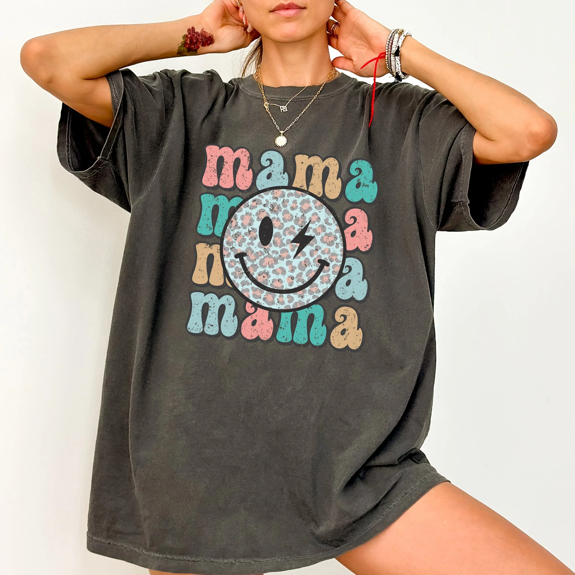 Retro Mama, Smiley, Leopard Print, Mother's Day, Mom, Comfort Colors Tshirt - Image 2