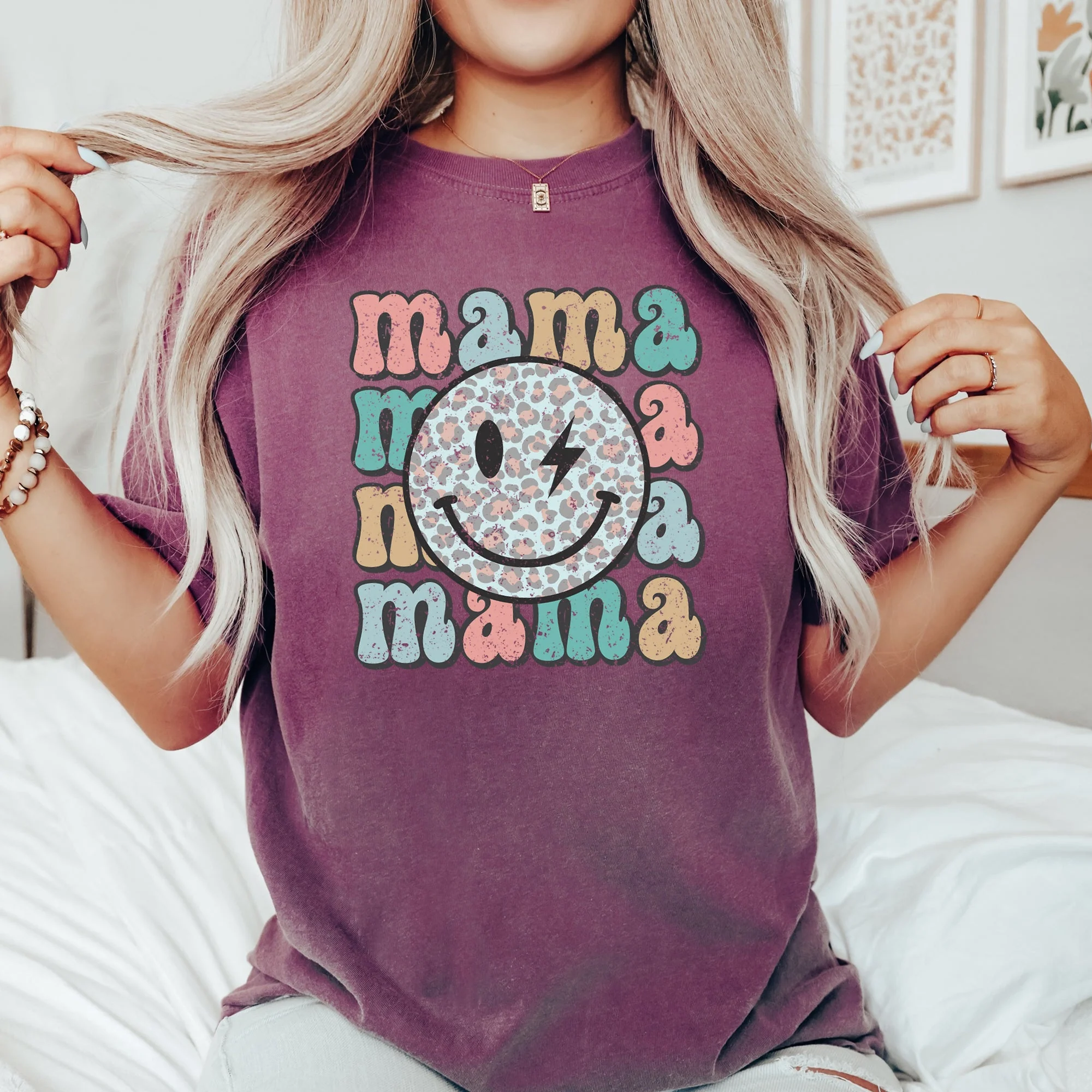 Retro Mama, Smiley, Leopard Print, Mother's Day, Mom, Comfort Colors Tshirt - Image 3